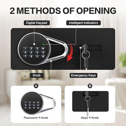 Safe for Home, 1.0 Cubic Feet Small Safe with Removable Shelf, Alarm System, Digital Electronic Security Money Box for Cash, Document, Home, Office, Hotel Use, Black, 9.84"D x 13.78"W x 9.84"H