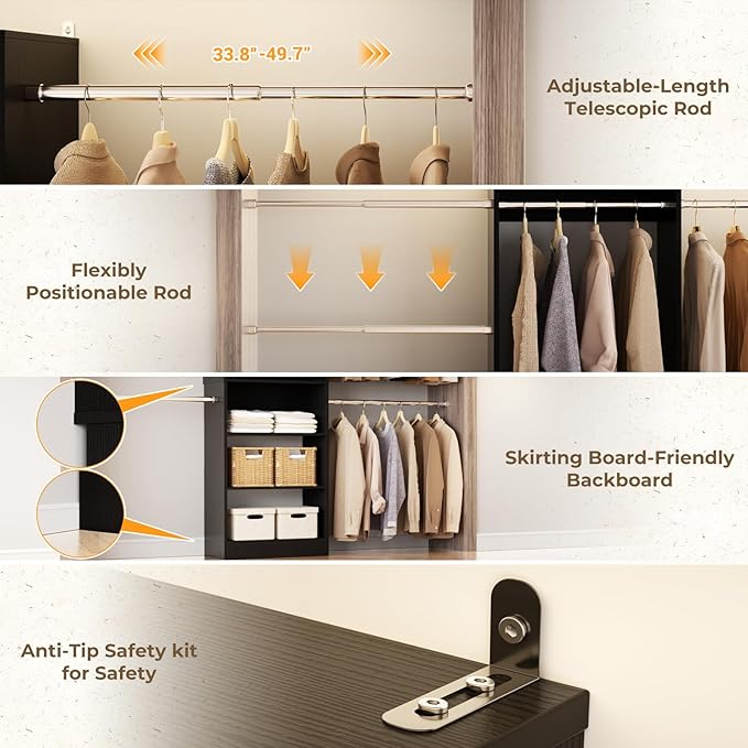 Homieasy Closet Organizer System, 4.5-10ft Modular Wooden Storage with 5 Hanging Rods & Shelving Tower, Adjustable for Walk-in Reach-in Bedroom Closets, Black
