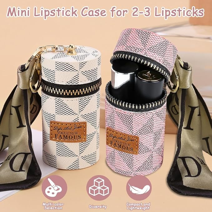 2 PCS Lipstick Organizer, Leather Lip Gloss Bag with Keychain, Portable Mini Lipstick Case for Lip Gloss, Purse,Mini Perfume