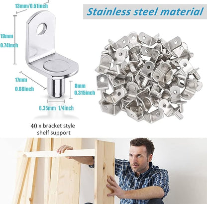 40 Pcs Shelf Support Pegs,1/4 Inch Diameter Shelf Bracket Pegs with Hole,Nickel Plated L-Shaped Clips for Kitchen & Bookcase Shelf Cabinet Furniture Closet Shelf Pins Support