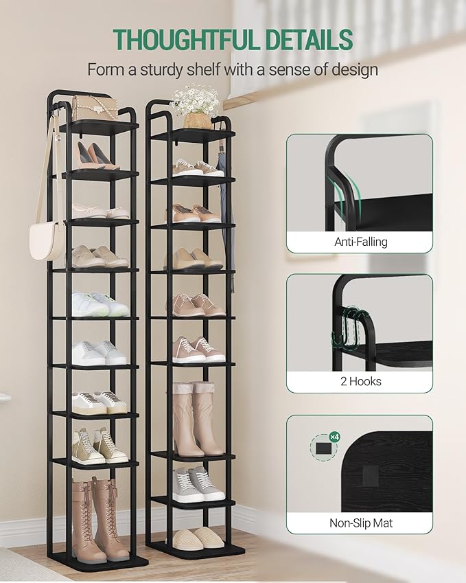 Vertical Shoe Rack, Shoe Shelves, Wood Shoe Organizer for Closet, Entryway, Shoe Tower for Small Spaces, Free Standing, Adjustable, with 2 Hooks, 10 Tier Black SR11204B