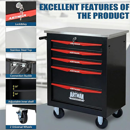 5-Drawer Rolling Tool Chest with Stainless Steel Countertop,Tool Chest with Secure Locking System,Mobile Storage Tool Cabinet with 360°Wheels and Padded Feet,for Home,Garage (Black+Red)