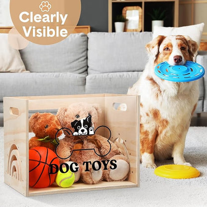 Large Dog Toy Basket Dog Toy Box Wooden Storage Bin with Acrylic Board Storage Box for Puppy Toys Pet Food and Accessories Organizer Holder Basket for Living Room Area(Wood, Dog)