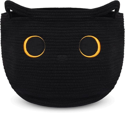 Cute Black Cat Round Basket - Cotton Rope Baskets Large Baby Laundry Blasket for Nursery, Woven Blanket Basket Hamper With Handle Toy Storage Basket for Gifts, Baby Shower 14 ×12 inchs 30.5L