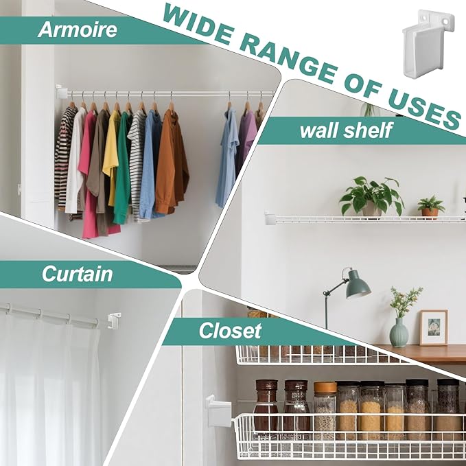 4 Pack Wire Shelf End Bracket - Heavy Duty Closet Shelf Brackets, White Plastic Closet Rod & Wall Shelf Supports with Screws, Suitable for Mesh Shelving