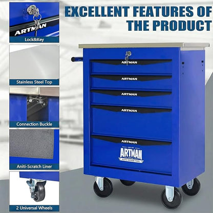 5-Drawer Rolling Tool Chest with Stainless Steel Countertop,Tool Chest with Secure Locking System,Mobile Storage Tool Cabinet with 360°Wheels and Padded Feet,for Home,Garage (Blue)