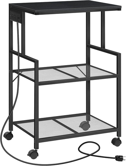 Mobile Printer Stand, 3-Tier Industrial Printer Cart with Power Outlets and 2 USB Ports, Rolling Printer Table on Wheels for Home Offices Kitchen Organization Rack, Black PTHB78E01