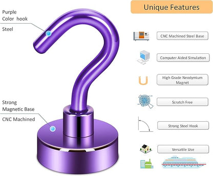 Neosmuk Magnetic Hooks, Heavy Duty 30lb+ Strong Magnet Hook for Cruise Cabins, Cruise Ship Essentials for Hanging, Metal Wall Refrigerator Hangers (Purple, 10 Pack)