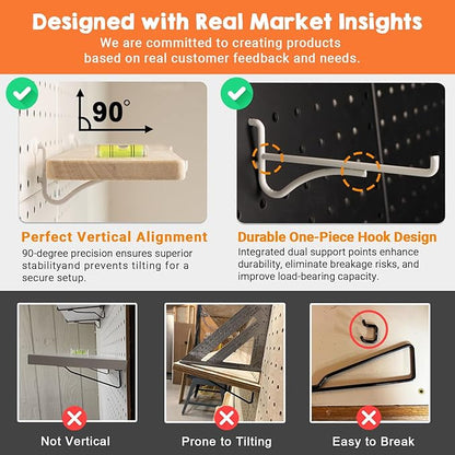 Solid Wood Pegboard Shelf, High Balance and No tilt, Pegboard Accessories, Wooden Pegboard Shelves for 1/4" Metal Pegboard, 2 Pack