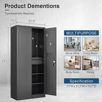 Metal Garage Storage Cabinet with Lock, Tool Cabinet Steel Locking Cabinets File Cabinet with Doors and Shelves,71" Tall Cabinet Lockable Heavy Duty Garage Cabinets and Storage System for Office