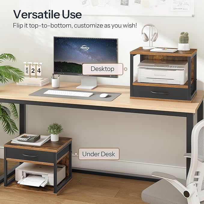 HOOBRO 2-Tier Desktop Printer Stand with Drawer, Under-Desk Printer Table with Storage Shelf, for Home Office, Kitchen, Fax Machine, Scanner, Rustic Brown BF07PS01