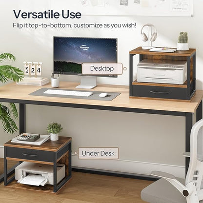 HOOBRO 2-Tier Desktop Printer Stand with Drawer, Under-Desk Printer Table with Storage Shelf, for Home Office, Kitchen, Fax Machine, Scanner, Rustic Brown BF07PS01