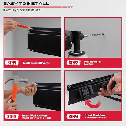 SEDY 48" Heavy Duty Garage Wall Organizer, Wall Mount Tool Storage Rack with Adjustable Hooks, Garden Tool Organizer Hold Up to 300lbs, Easy Installation (8 Hooks, 3 Rails, 3 Straps)