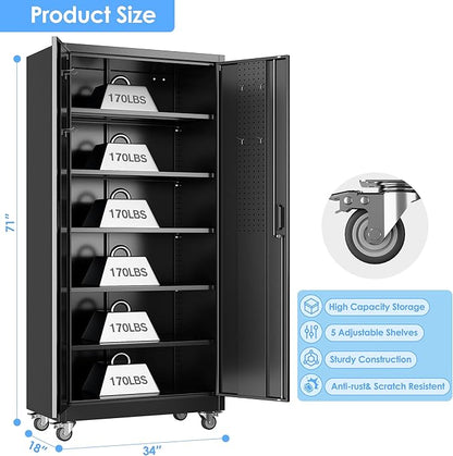 Garage Storage Cabinet with Wheels, Metal Storage Cabinet with 5 Adjustable Shelves and Pegboard for Garage Home Utility Room,Required Assembly,Black，71" H×34" W×18" D