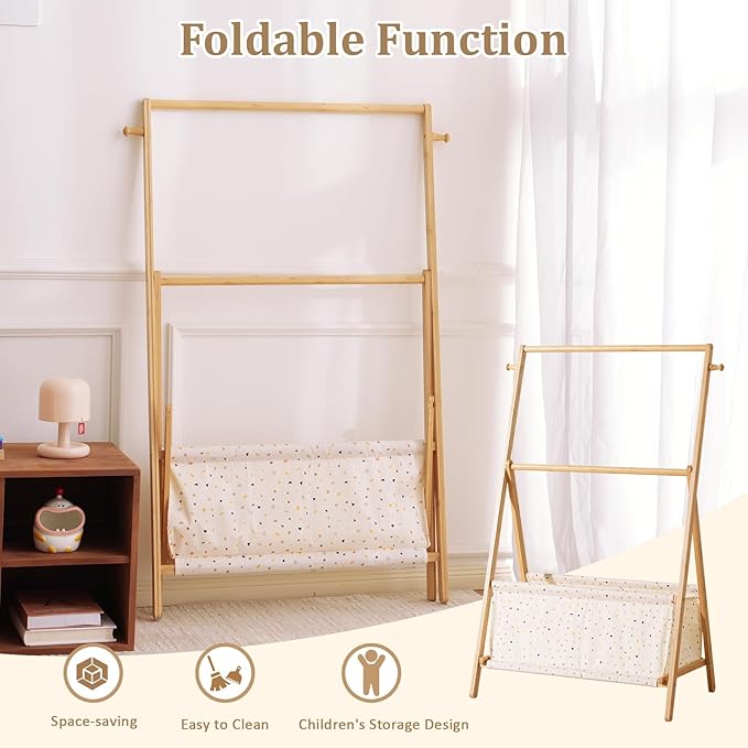 Kids Clothing Rrack- Kids Dress Up Rack for Little Girls, Bamboo Kids Clothes Rack, Toddler Dress Up Storage Rack & Folding Costume Rack, Double Rods, Pets Clothes Rack with Storage, Spot