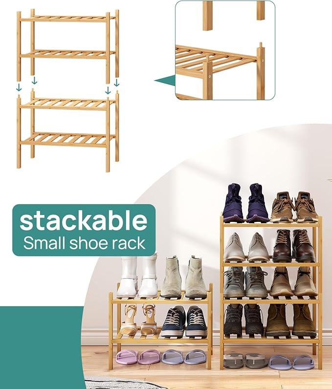 Small Shoe Rack, 2-Tier Shoe Rack for Entryway, Bamboo Wood Shoe Shelf for Closet & Hallway, Long 17.2IN | Beautiful | Functional | Sturdy | Durable