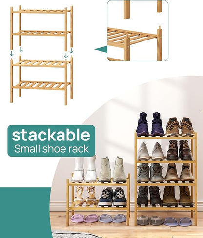 Small Shoe Rack, 2-Tier Shoe Rack for Entryway, Bamboo Wood Shoe Shelf for Closet & Hallway, Long 17.2IN | Beautiful | Functional | Sturdy | Durable
