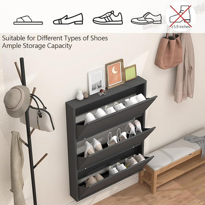 GREATMEET Shoe Cabinet with 3 Flip Drawers, Metal Entrance Shoe Cabinet Storage for Entryway, Modern Hidden Narrow Shoes Rack Organizer Wall Mount for Living Room, Bedroom, Hallway,Black