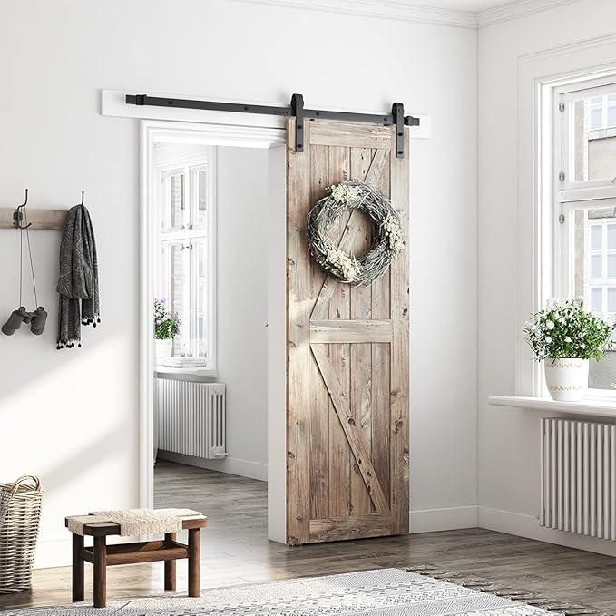 SMARTSTANDARD 5.5 Feet Heavy Duty Sturdy Sliding Barn Door Hardware Kit -Smoothly and Quietly -Easy to Install -Includes Step-by-Step Installation Instruction Fit 33" Wide Door Panel (J Shape Hanger)