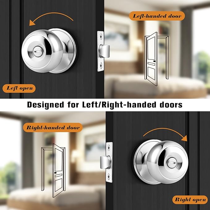 Probrico Polished Chrome Door Knobs, Interior Door Knobs with Round Ball Knob, Nickel Privacy Door Knob for Bedroom Bathroom, 6 Pack