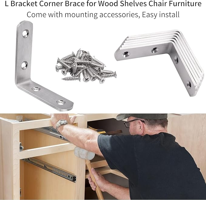 YUMORE L Bracket Corner Brace, 6Pcs 65x65mm Joint Right Angle Brackets Heavy Duty Stainless Steel 90 Degree Bracket Fastener for Wood Shelves Chair Tables Dressers Furniture with Screws