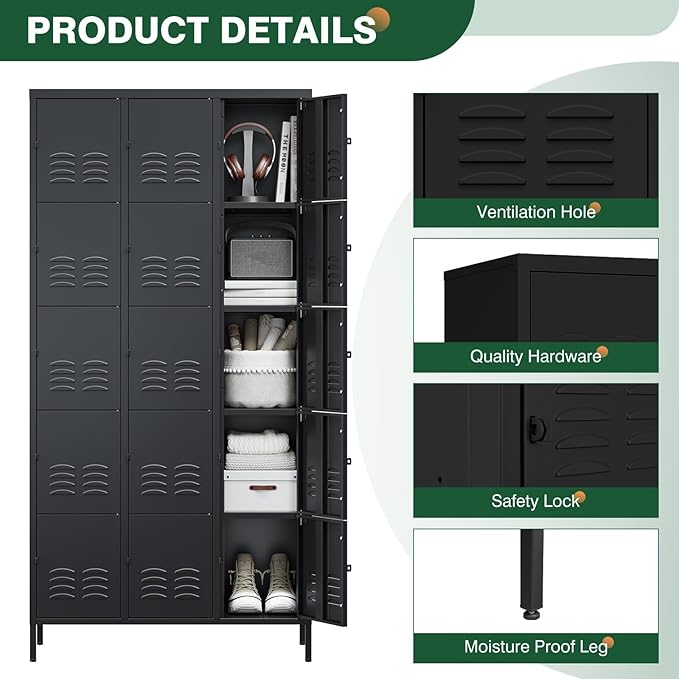 Letaya Metal Lockers for Employees-15 Door Storage Locker with Shelves and Lockable Steel Cabinet for School,Gym,Office,Staff(Black, 15 Door)