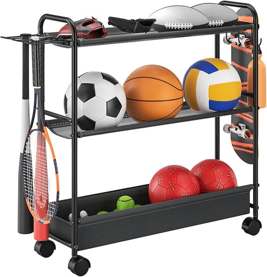 Basketball Rack 3-Shelf Training Stand, Garage Sports Equipment Organizer - Rolling Ball Storage Rack with Wheels, Ball Racks for Basketball, Soccer, Basketball Racks Ball Cart with Hooks.