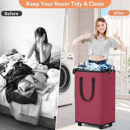 Laundry Basket with Wheels, Collapsible Laundry Baskets, Laundry Hamper with Handles Detachable Wheels, Rolling Laundry Basket, Dirty Clothes Hamper for Bathroom, Dorm, Bedroom, Red, 80L