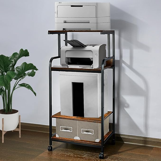4 Tier Printer Stands, Multipurpose Office and Home Printer Desk with Wheels, Shelving for Printers, Fax Machines, Scanners, Vintage Brown