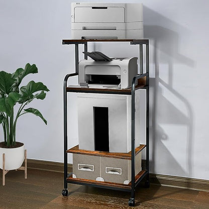 4 Tier Printer Stands, Multipurpose Office and Home Printer Desk with Wheels, Shelving for Printers, Fax Machines, Scanners, Vintage Brown