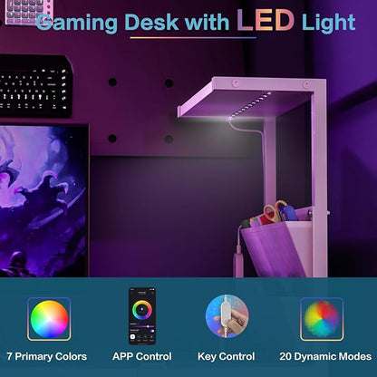 33.7" Computer Desk with Power Outlets, LED Lights & 2 Drawers, Small Office Desk with Storage Bag & Hooks, Gaming Desk for Bedrooms or Home Office, Compact Study Desk for Small Spaces，White