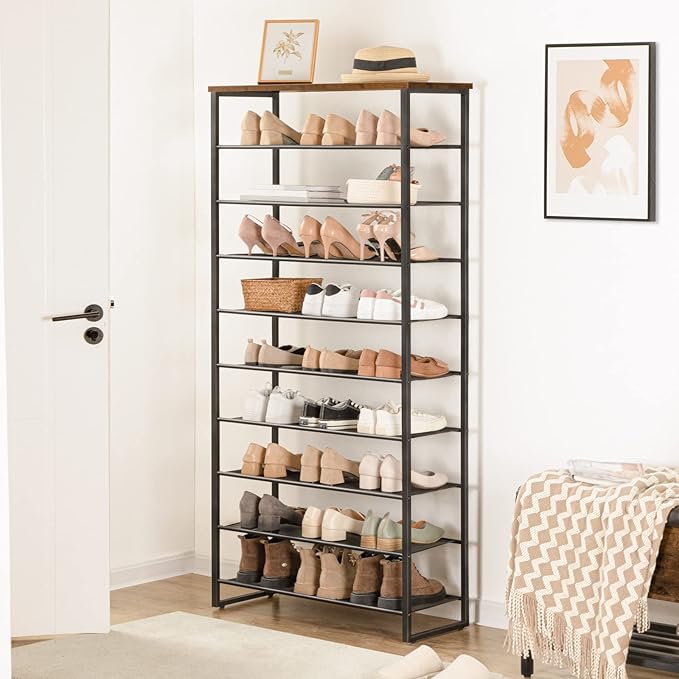 HOOBRO 10-Tier Shoe Rack for Entryway, 29.5" L Shoe Storage Organizer, Large Capacity Shoe Shelf for Closet, Front Door Entrance, Hallway, Holds 36-40 Pairs of Shoes, Rustic Brown and Black BF107XJ01