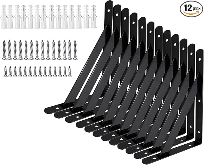 Heavy Duty Shelf Brackets 20 Inch x 12 Inch, 4 6 8 10 12 14 16 18 Inch Shelf Brackets Home Garage Use, Black Powder-Coated Shelf Support Brackets （6 Pairs）