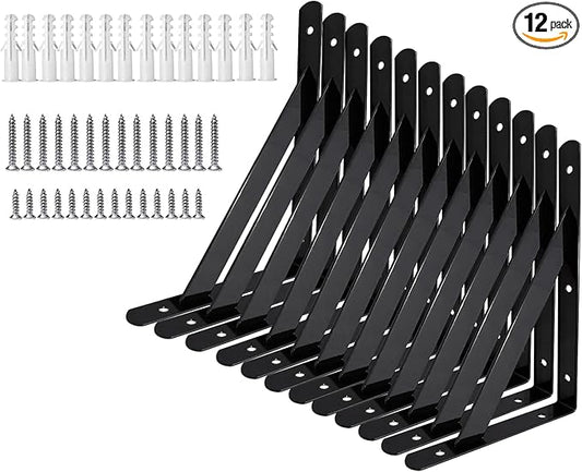 Heavy Duty Shelf Brackets 20 Inch x 12 Inch, 4 6 8 10 12 14 16 18 Inch Shelf Brackets Home Garage Use, Black Powder-Coated Shelf Support Brackets （6 Pairs）