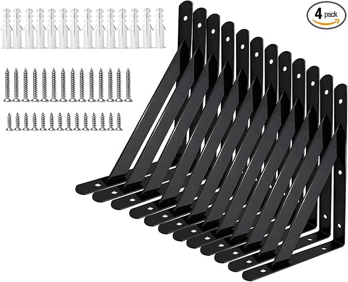Shelf Brackets 6 Inches, for 5 8 10 12 16 20 Inch Heavy Duty Shelf Brackets 12 Pack, Small Brackets Black Wall Mount Steel Bracket Wall Brackets for Shelves