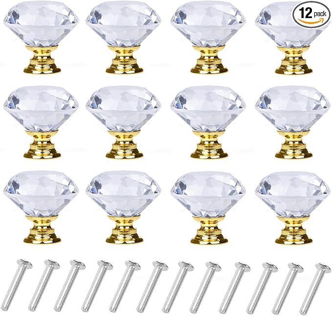 YourGift 12 Pack Drawer Knobs Diamond Shaped Crystal Glass 30mm Cabinet Knobs Pull Handles (Gold)