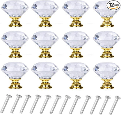 YourGift 12 Pack Drawer Knobs Diamond Shaped Crystal Glass 30mm Cabinet Knobs Pull Handles (Gold)