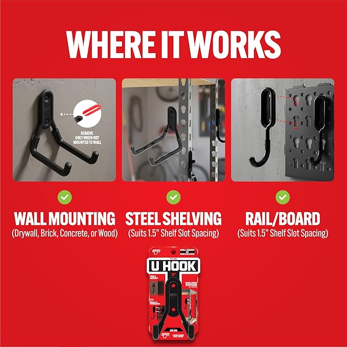 Smart T Garage Storage Wall Hook | 5" U-Hook for Garage Organization, Heavy Duty Organizer Wall Mount or Shelving Hooks