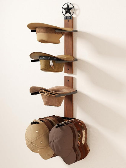 Cowboy Hat Rack for Wall – 2-Piece Western Hat Holder, Rustic Wooden & Metal Wall Mounted Cowboy Hat Organizer, Holds up to 4 Hats, Cowboy Room Decor & Storage Display Rack