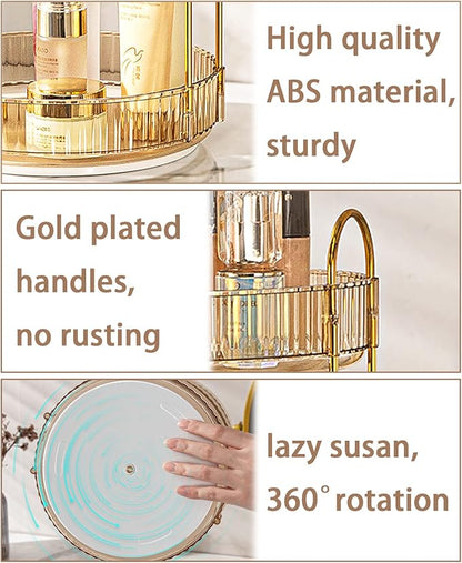 Rotating Makeup Organizer for Vanity, High-Capacity Skincare Clear Make Up Storage Perfume Organizers Cosmetic Dresser Organizer Countertop 360 Spinning (Gold, 2 Tier)