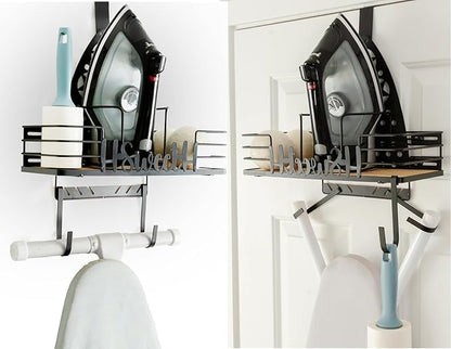 Farmhouse Ironing Board Hanger Wall Mount or Over the Door - Universal Laundry Room Ironing Board Holder Caddy with Iron Holder Shelf-Adjustable Hooks to Hold Ironing Boards Large & Small - Black