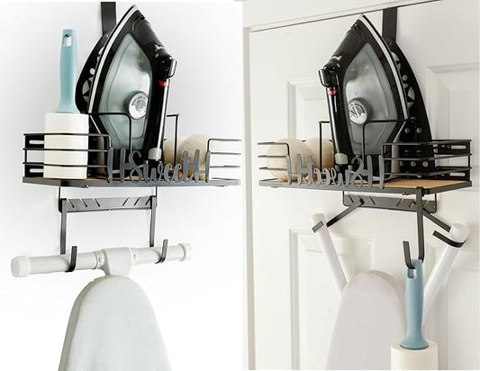 Farmhouse Ironing Board Hanger Wall Mount or Over the Door - Universal Laundry Room Ironing Board Holder Caddy with Iron Holder Shelf-Adjustable Hooks to Hold Ironing Boards Large & Small - Black