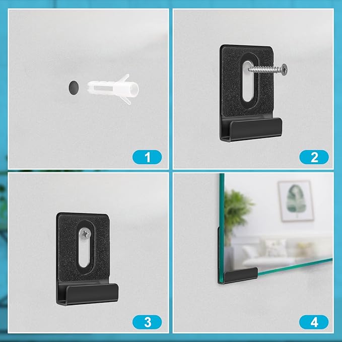 16pcs Metal Mirror Holder Kit, J Type Hanger Clip Kit with Screws Rubber Pads Hooks Heavy Duty Mirror Hanger Hardware for Frameless Mounting Wall Tile Billboard Display (Black)