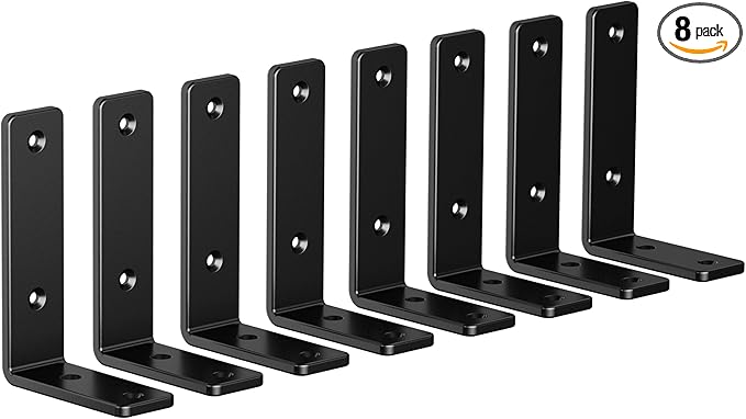 8-Pack 4 Inch Heavy Duty Shelf Brackets, Premium Floating L Bracket for Wall, Kitchen, Mantel Shelves Support | Quarter Inch (1/4") Thick | Black Powder Coated Steel