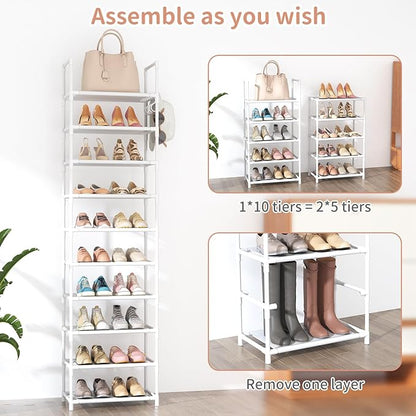 10 Tiers Tall Shoe Rack 20-25 Pairs Boots Organizer Storage Sturdy Narrow Shoe Shelf for Entryway, Closets with Hooks, White