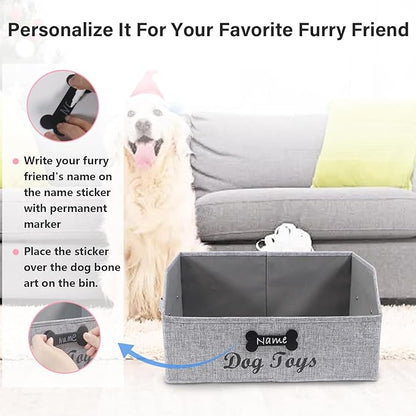 Geyecete dog toy basket Large dog toy bin dog toy box storage box-Foldable Fabric Trapezoid Organizer Boxes with Handle,Can be Personalized for Dog Toys (Gray-DOG)
