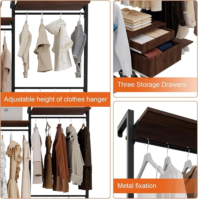 Wall-Mounted Steel & Wood Closet Organizer System with 4 Adjustable Shelves, 5 Hanging Rods, and 2 Drawers – Modern Open Wardrobe, Walnut