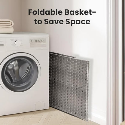 DUMOS Woven Laundry Basket with Lid, 90L Large Capacity Hamper, Removable & Machine-Washable Liner, Foldable Rattan Clothes Hamper, Sturdy Steel Frame, Odor Control, Dove Gray