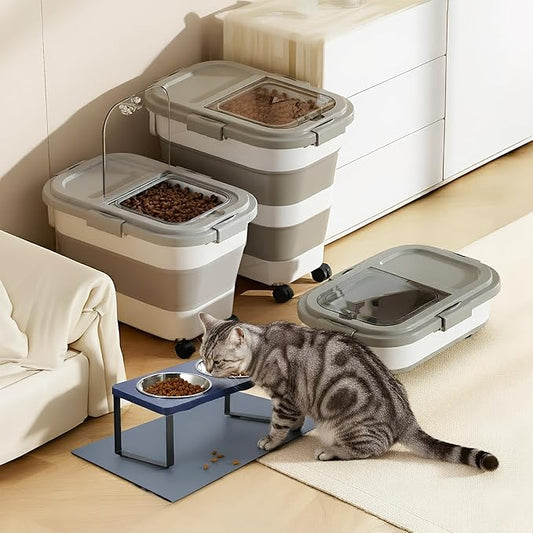 15 Lbs Dog/Cat Food Storage Container,Collapsible Food Storage Containers with Rolling Wheel Airtight Locking Lid,Pet Food Storage Container with Cup and Scoop,Grey