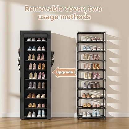 Narrow Shoe Rack with Cover 10 Tier Tall Shoe Rack Organizer Large Capacity Shoe Shelf Storage 18-22 Pairs Space Saving Free Standing Shoe Storage Organizer for Closet, Entryway, Dorm, Black